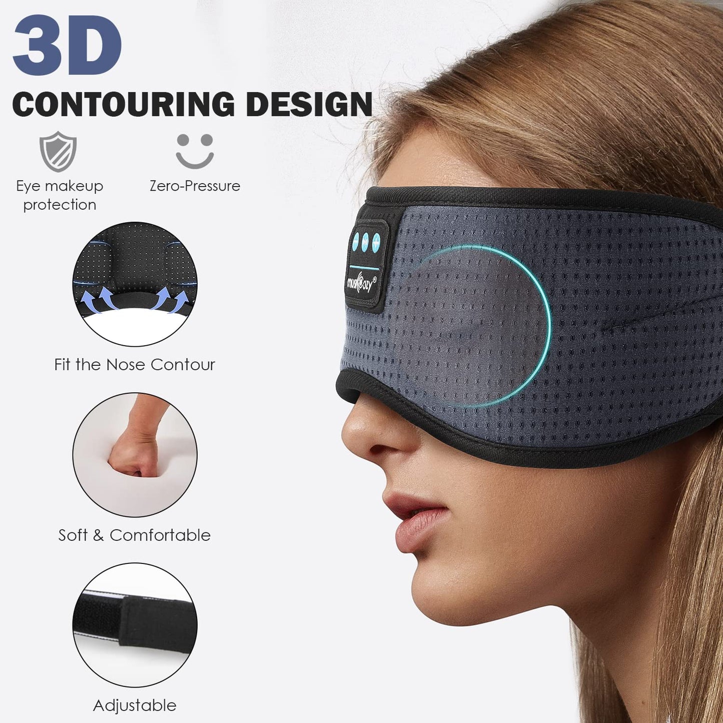 MUSICOZY 3D Bluetooth Sleep Mask with Built-in Wireless Headphones | 2024 Upgrade | Comfortable Contour Design for Sleeping, Travel & Noise Isolation | Sleep Aid with Wireless Music